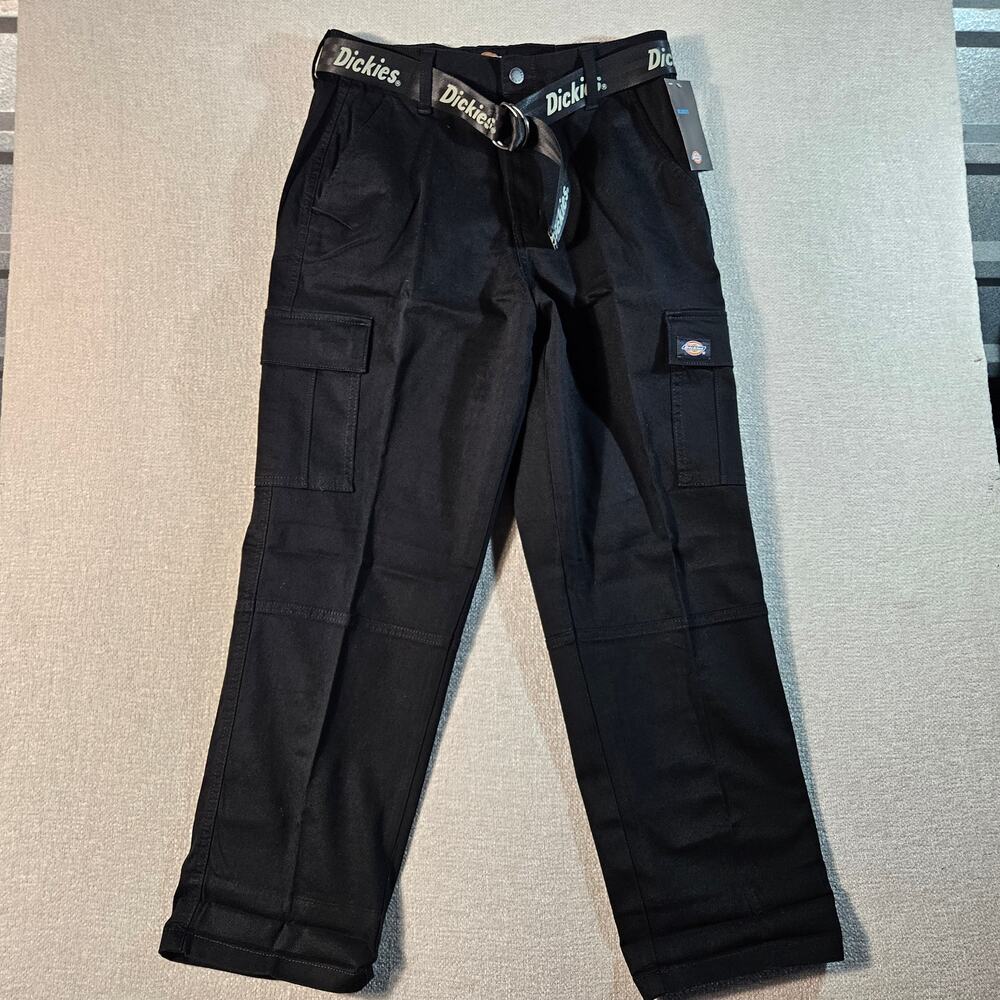 Womens Dickies Black Cargo Pants Belt Size 29R Utility Workwear Cuffed NWT